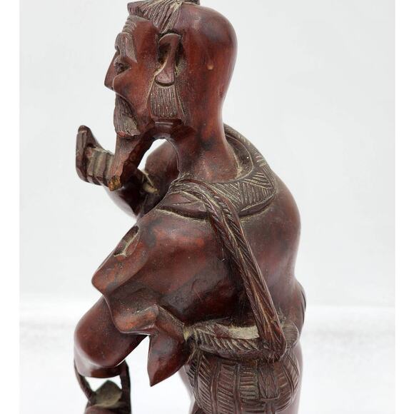 Vintage Asian Chinese Fisherman Hand Carved Wooden Sculpture Sage Elder Fish 12" - Picture 10 of 16